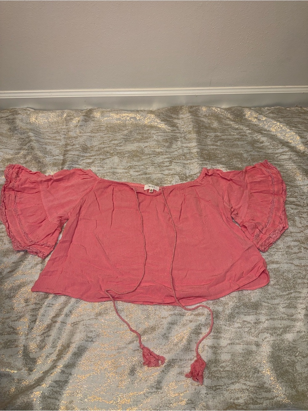 Love Coral Pink Off-Shoulder Crop Top with Tassel Ties